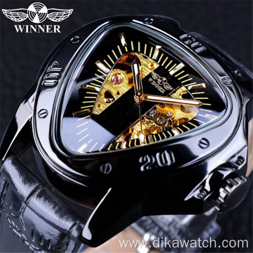 Top Brand Luxury Winner Steampunk Fashion Triangle Golden Skeleton Movement Mysterious Men Automatic Mechanical Wrist Watch